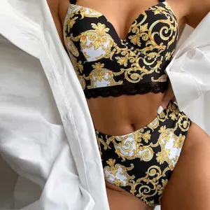 Floral Print Lace Patchwork Bikini Set