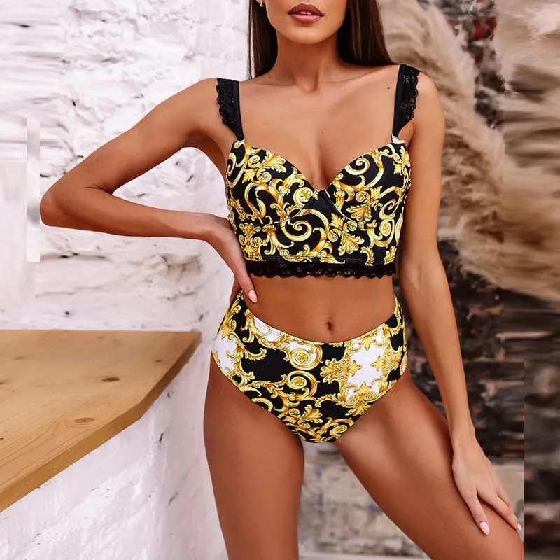 Floral Print Lace Patchwork Bikini Set