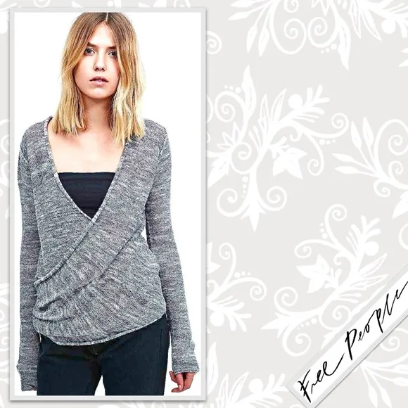 Free People Gotham Wrap Sweater in Marled Knit Grey /Cream Combo, Gently Worn!