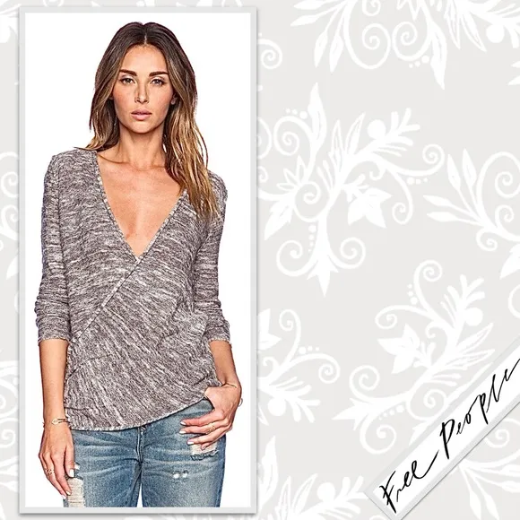 Free People Gotham Wrap Sweater in Marled Knit Grey /Cream Combo, Gently Worn!
