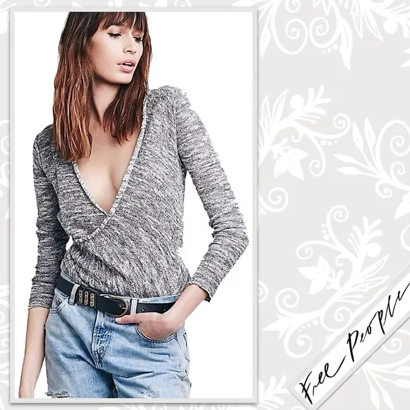 Free People Gotham Wrap Sweater in Marled Knit Grey /Cream Combo, Gently Worn!