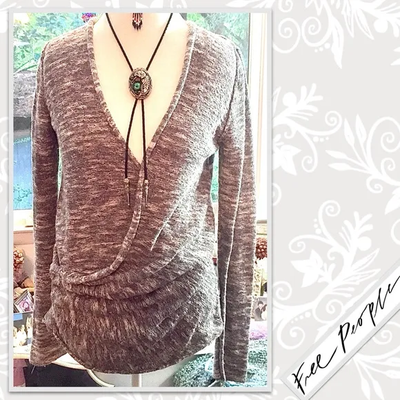 Free People Gotham Wrap Sweater in Marled Knit Grey /Cream Combo, Gently Worn!