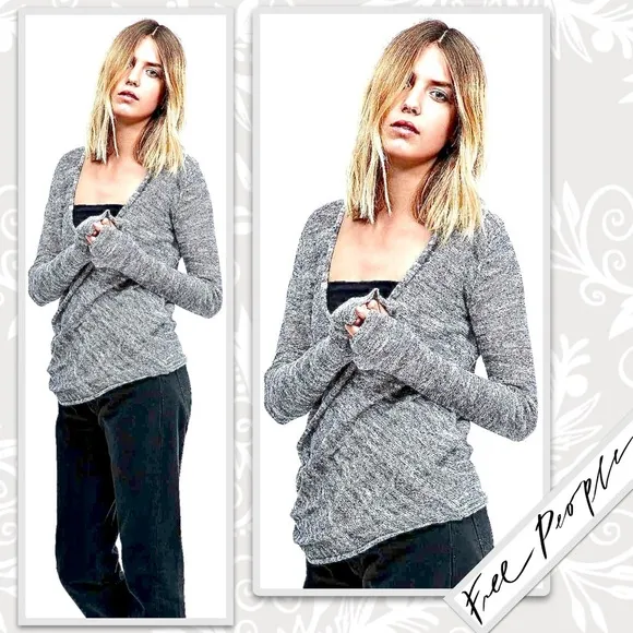 Free People Gotham Wrap Sweater in Marled Knit Grey /Cream Combo, Gently Worn!