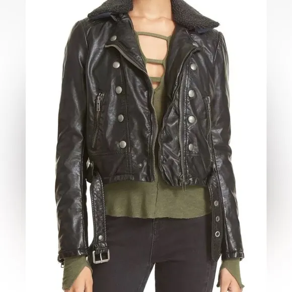 Free people Moto Stylish Black faux vegan Leather Jacket size small black