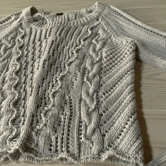 Free People Womens Large Wide Neck Cable Knit Sweater Grey Long Sleeves