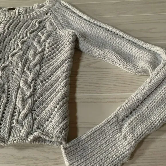 Free People Womens Large Wide Neck Cable Knit Sweater Grey Long Sleeves