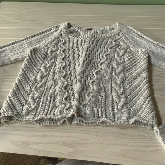 Free People Womens Large Wide Neck Cable Knit Sweater Grey Long Sleeves