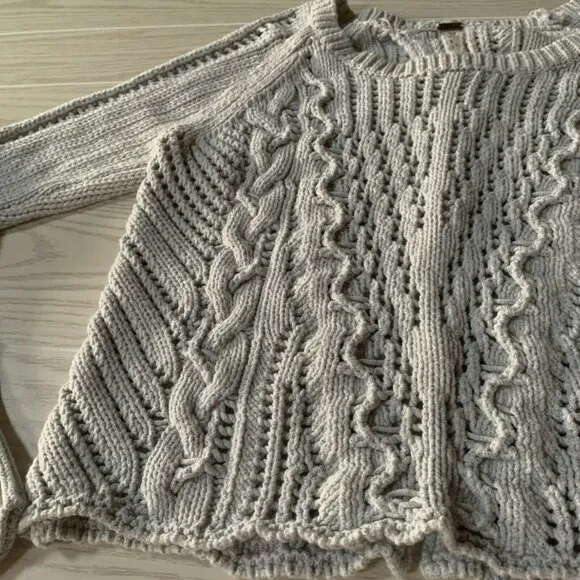 Free People Womens Large Wide Neck Cable Knit Sweater Grey Long Sleeves