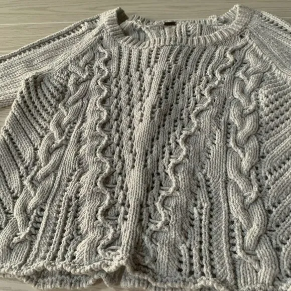 Free People Womens Large Wide Neck Cable Knit Sweater Grey Long Sleeves