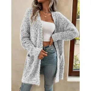 Fuzzy faux fur open front cardigan sweater gray