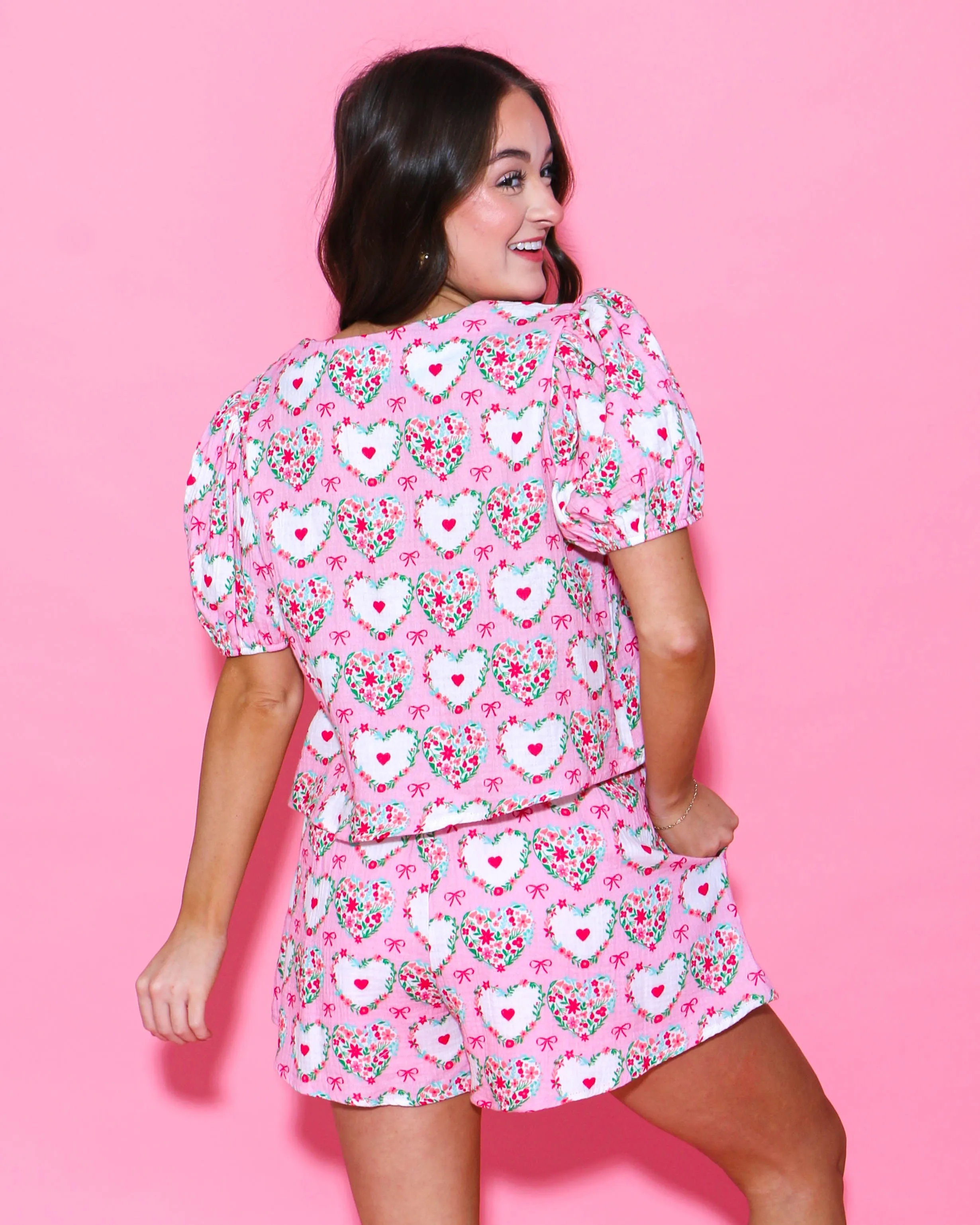 Gauze Print Tie Front Puff Sleeve Set