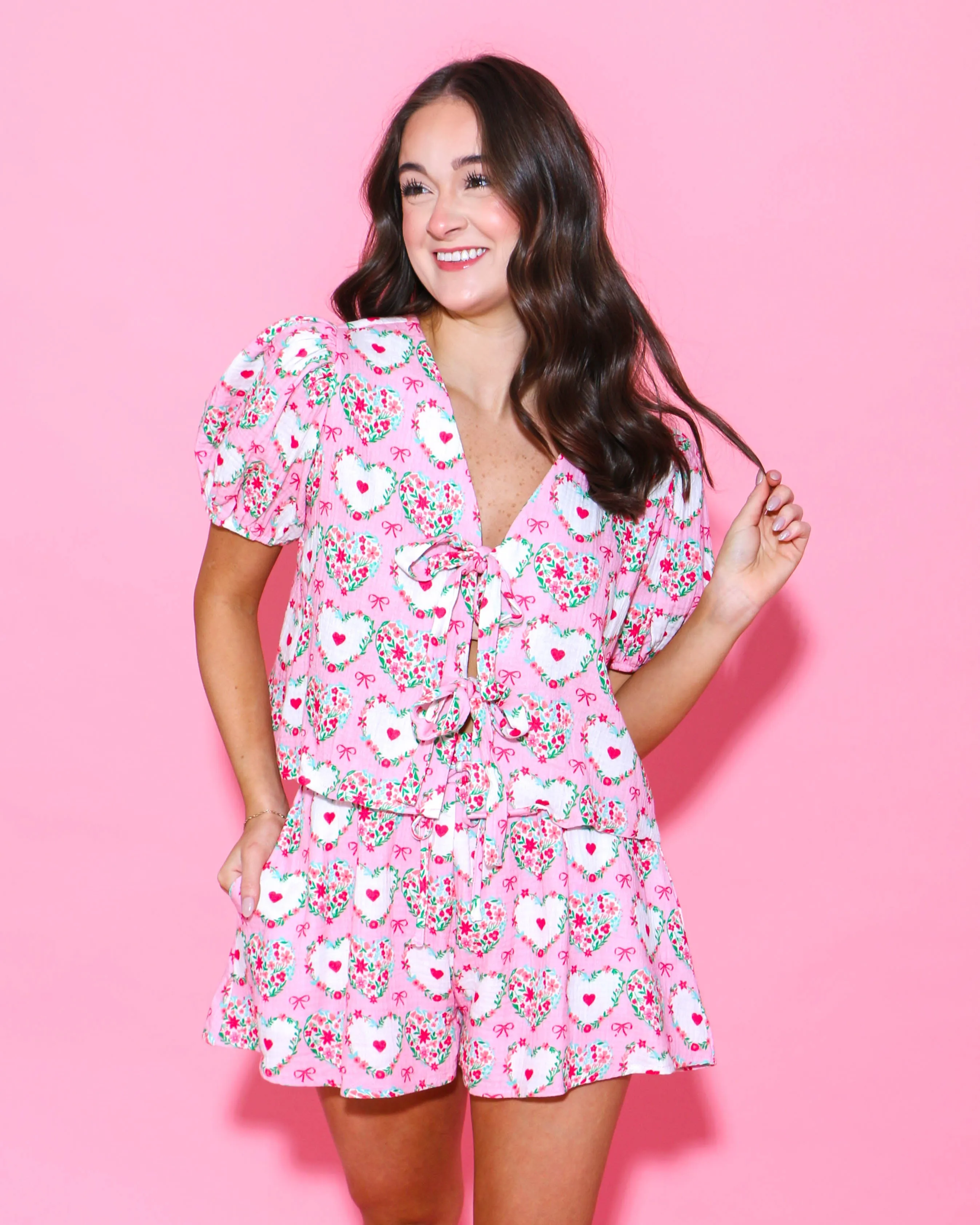 Gauze Print Tie Front Puff Sleeve Set