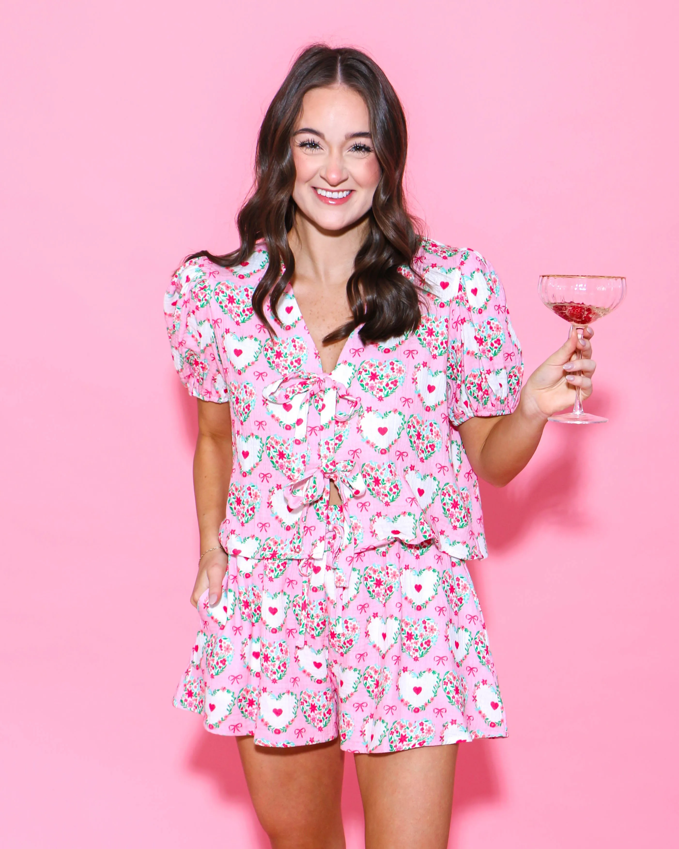 Gauze Print Tie Front Puff Sleeve Set