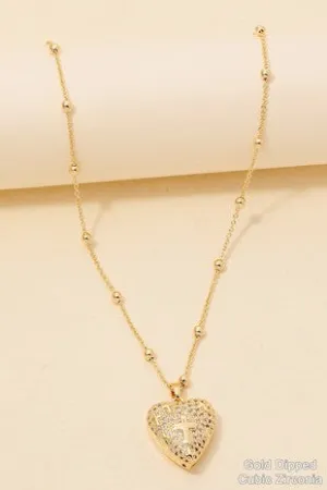 Gold Dipped Cz Pave Cross Heart Pendant Necklace