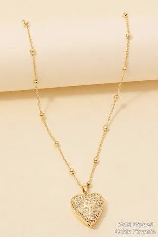 Gold Dipped Cz Pave Cross Heart Pendant Necklace