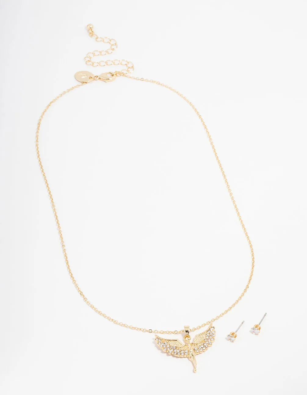 Gold Plated Cubic Zirconia Angel Necklace & Stud Earrings Set