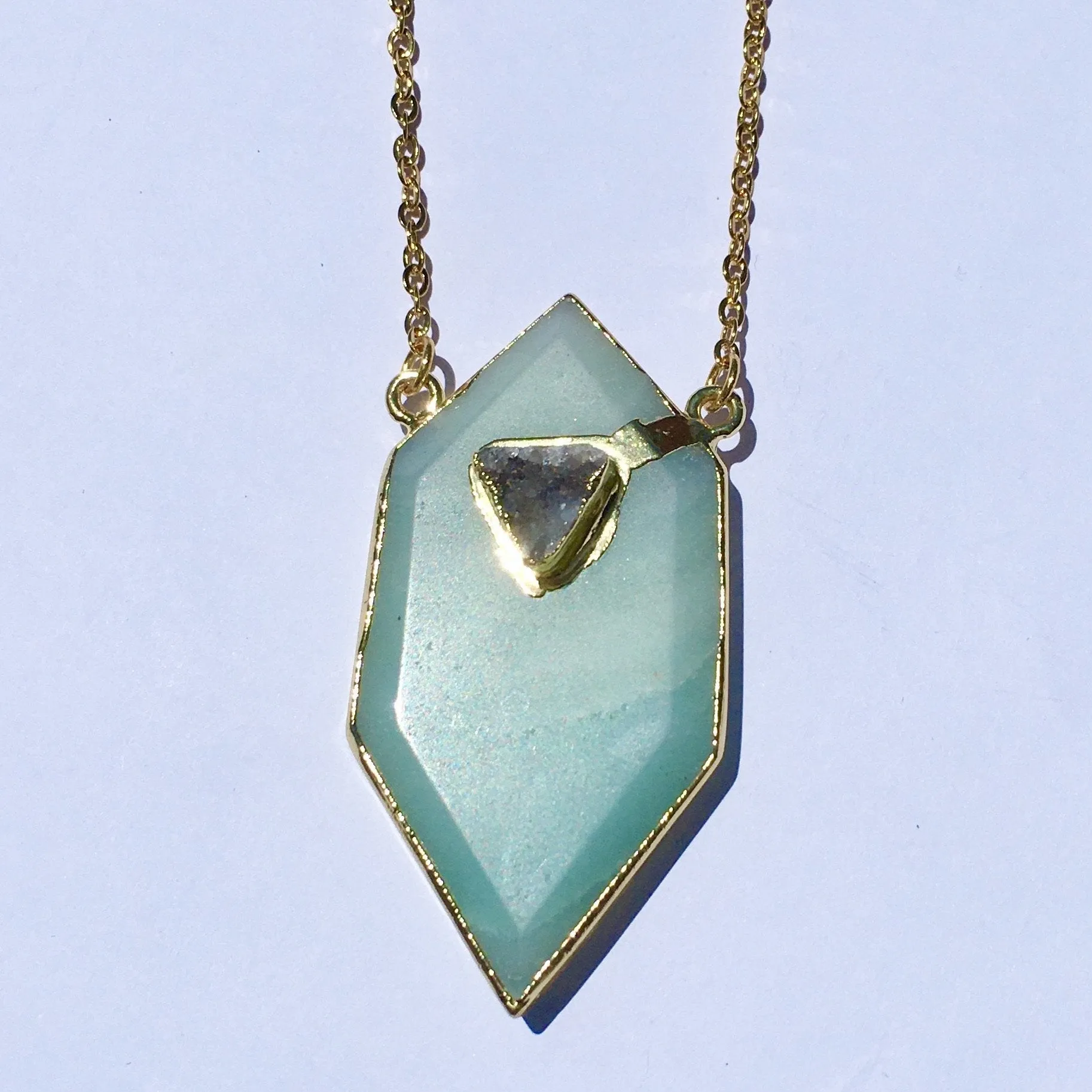 Gold plated Hexagon Amazonite necklace with small druzy stone appliqué'