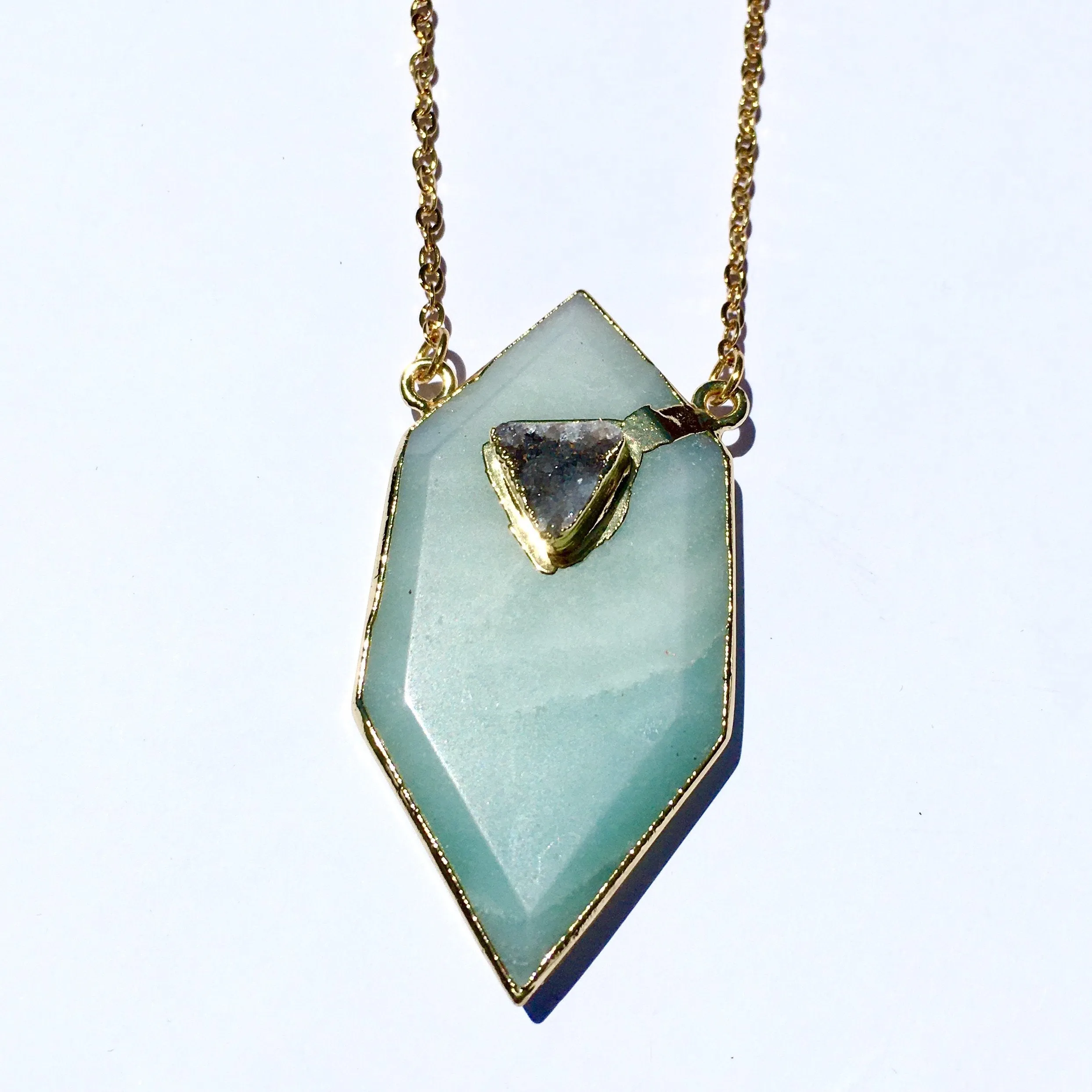 Gold plated Hexagon Amazonite necklace with small druzy stone appliqué'