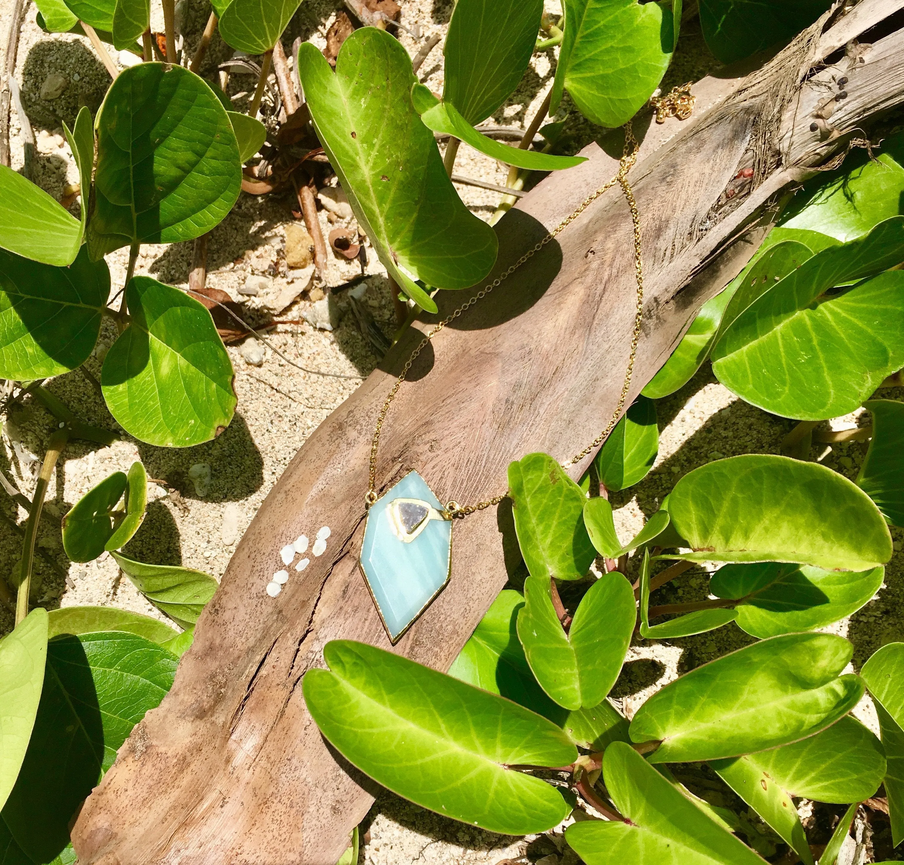 Gold plated Hexagon Amazonite necklace with small druzy stone appliqué'