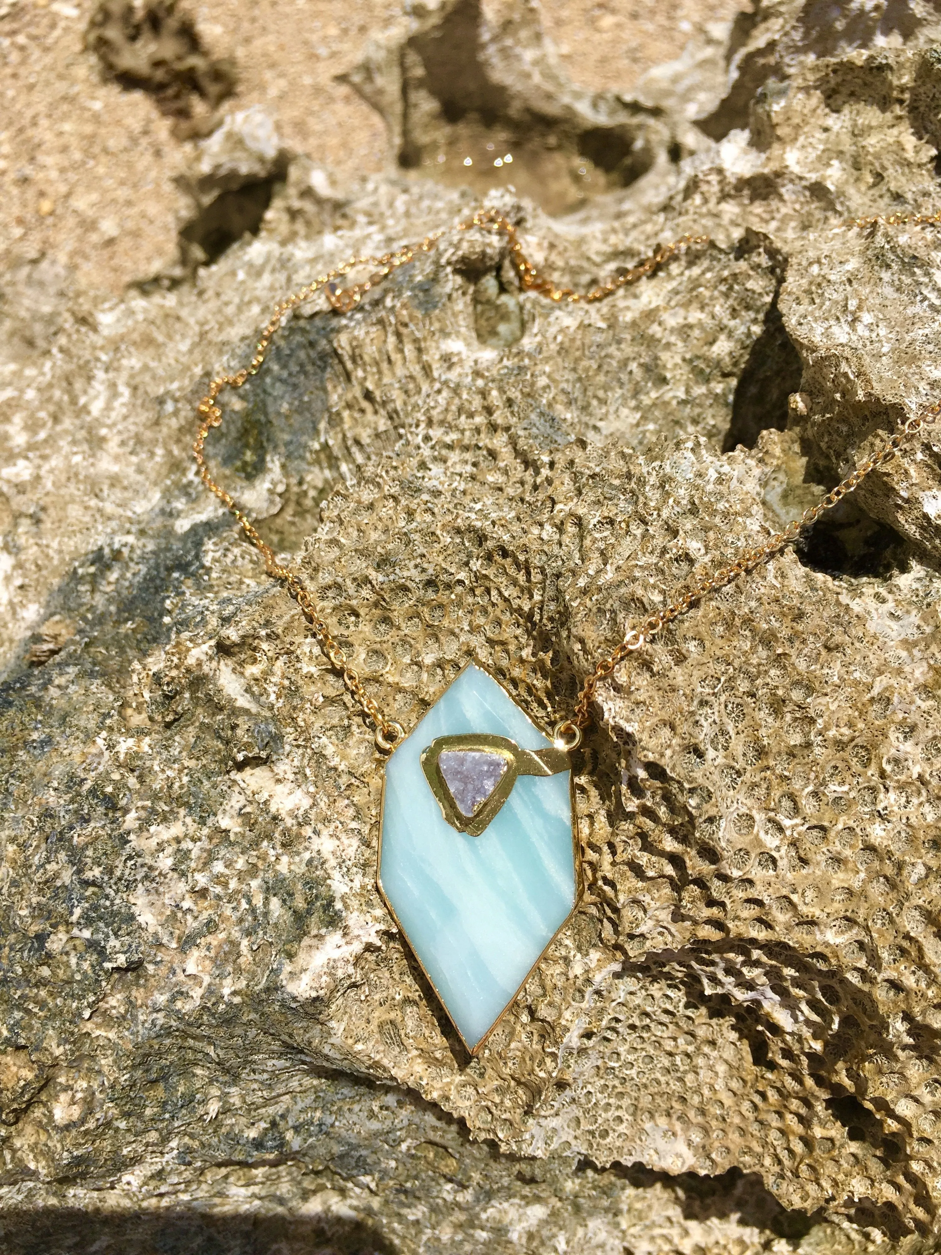 Gold plated Hexagon Amazonite necklace with small druzy stone appliqué'