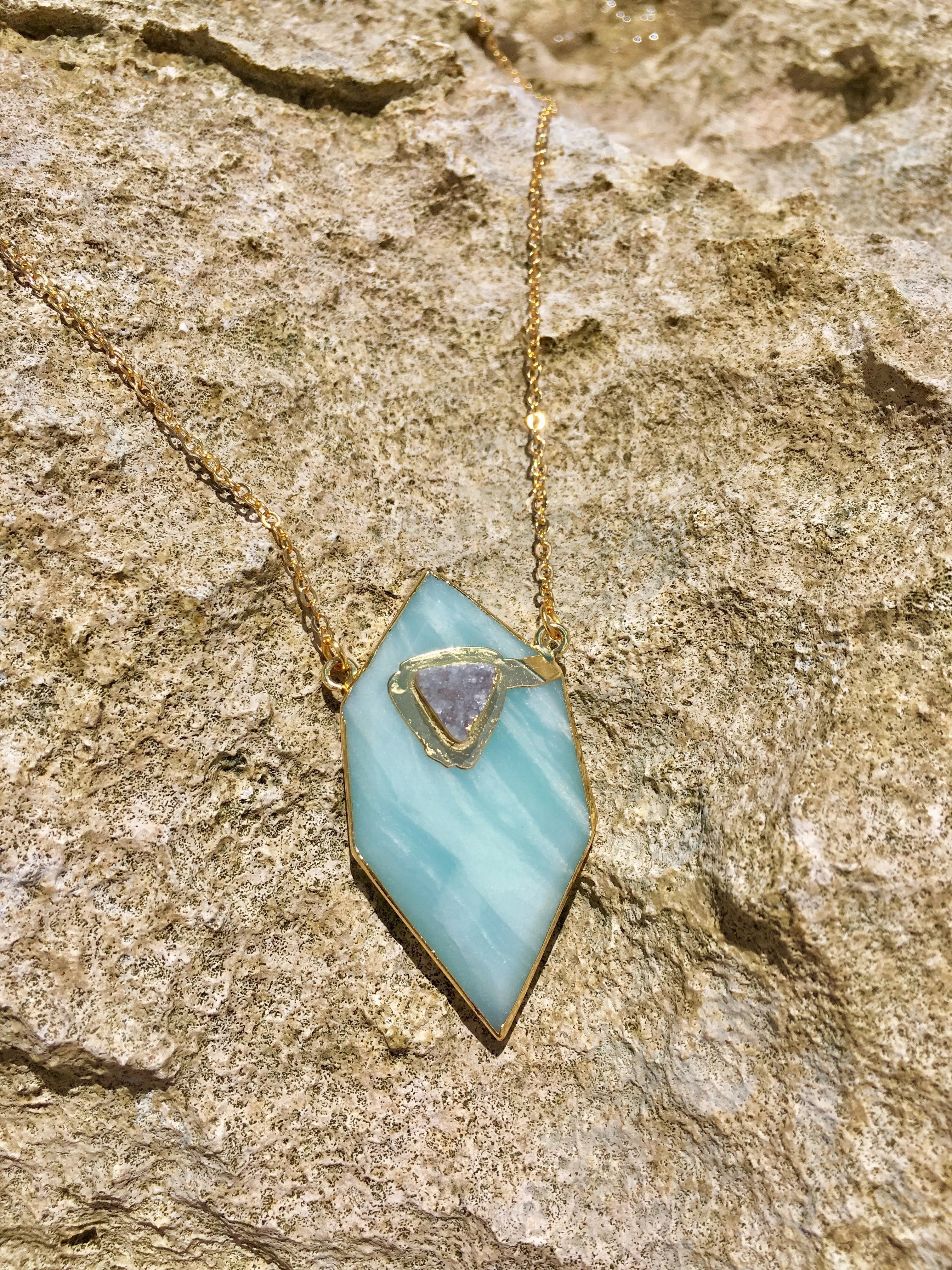 Gold plated Hexagon Amazonite necklace with small druzy stone appliqué'