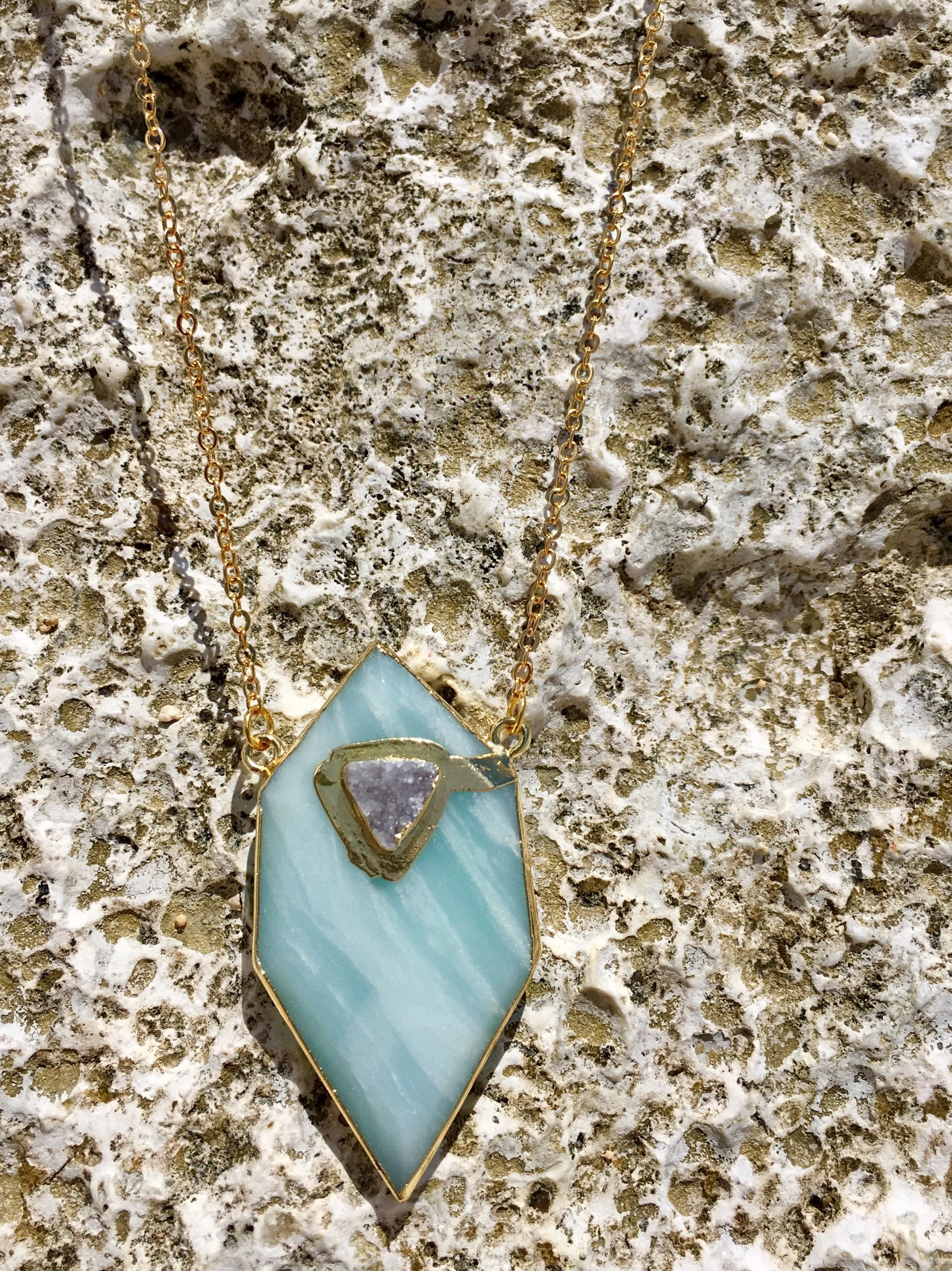 Gold plated Hexagon Amazonite necklace with small druzy stone appliqué'