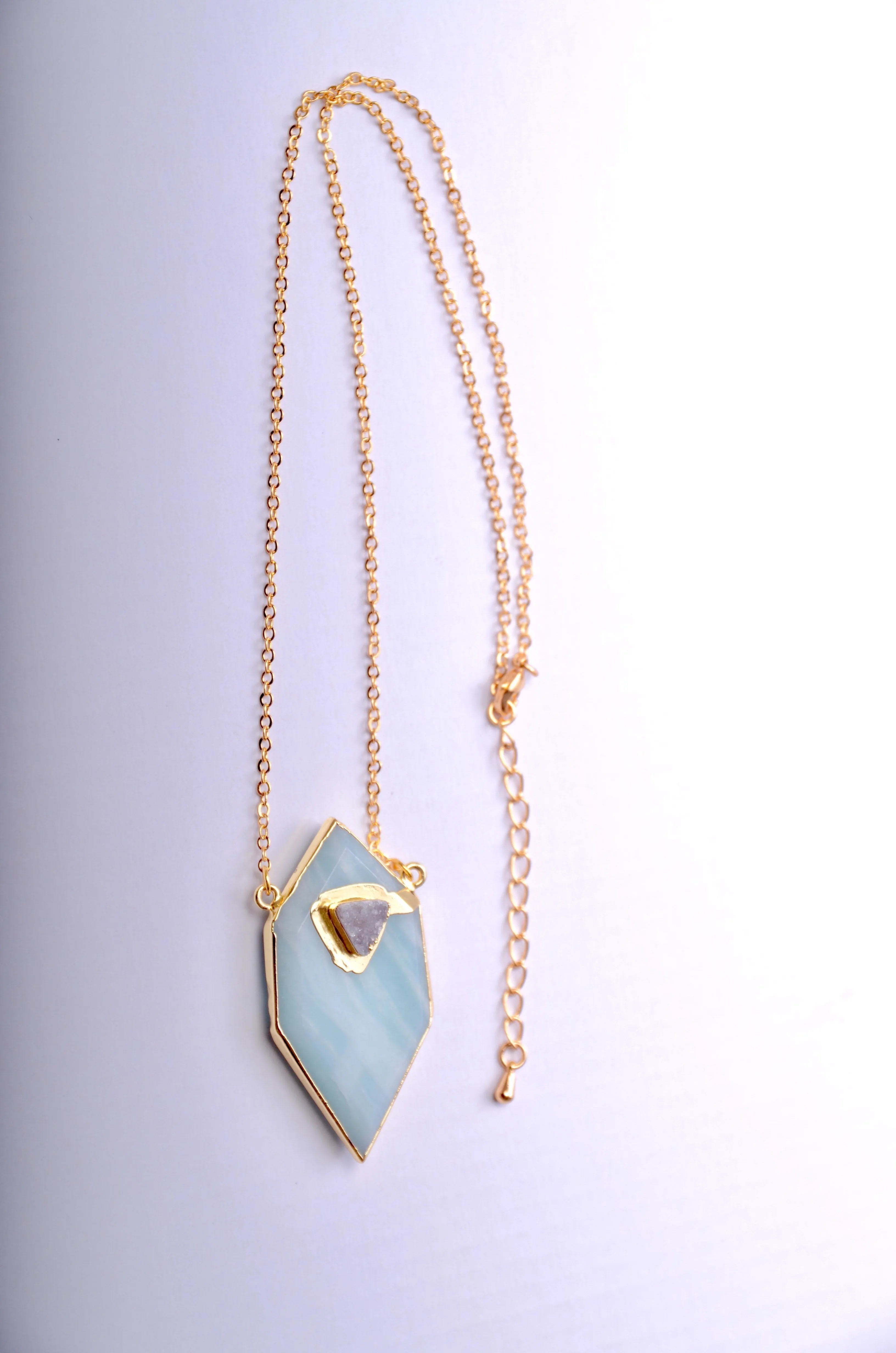 Gold plated Hexagon Amazonite necklace with small druzy stone appliqué'