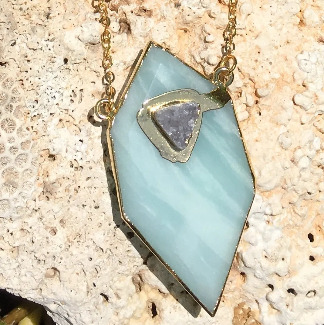 Gold plated Hexagon Amazonite necklace with small druzy stone appliqué'
