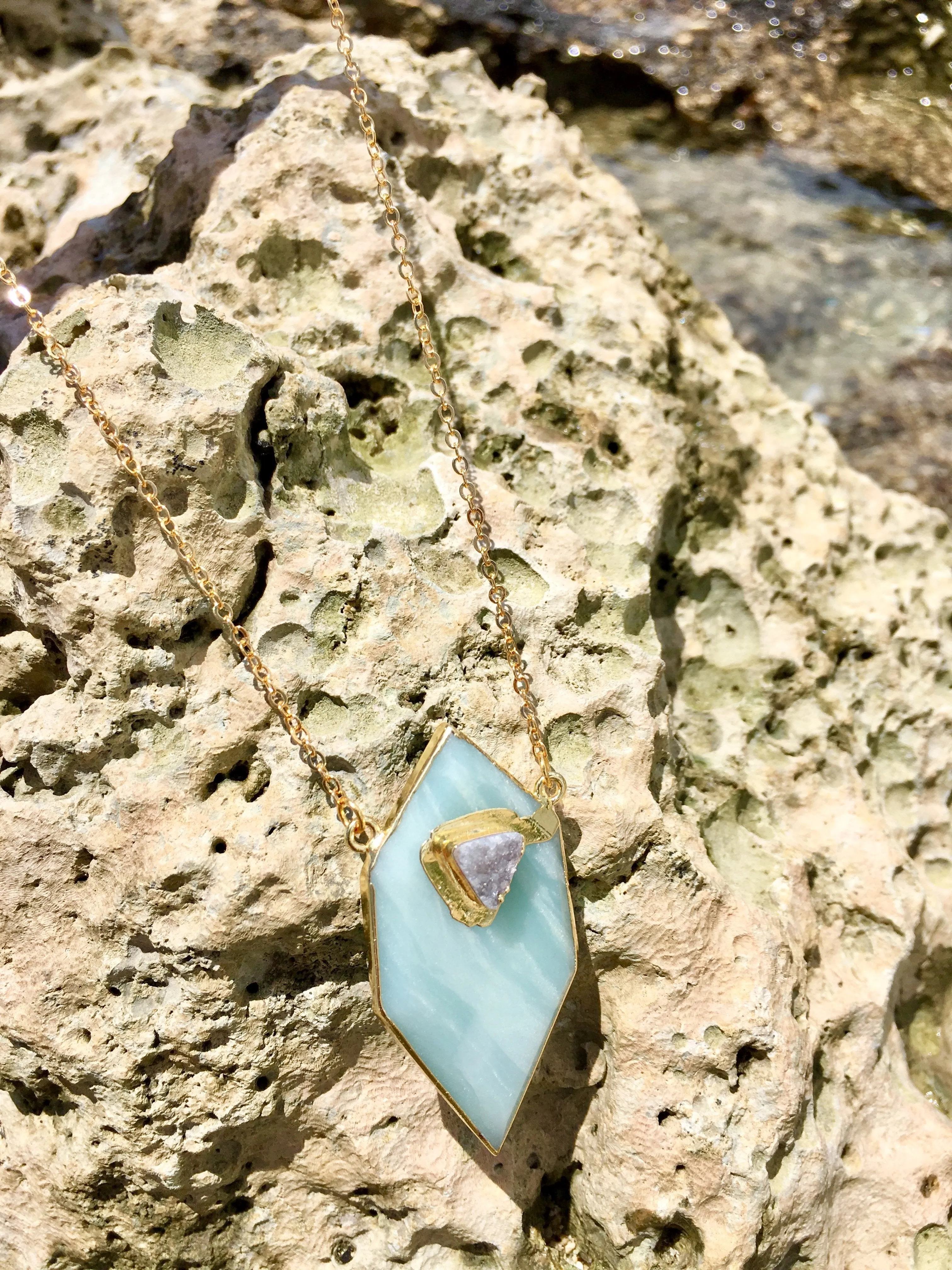 Gold plated Hexagon Amazonite necklace with small druzy stone appliqué'