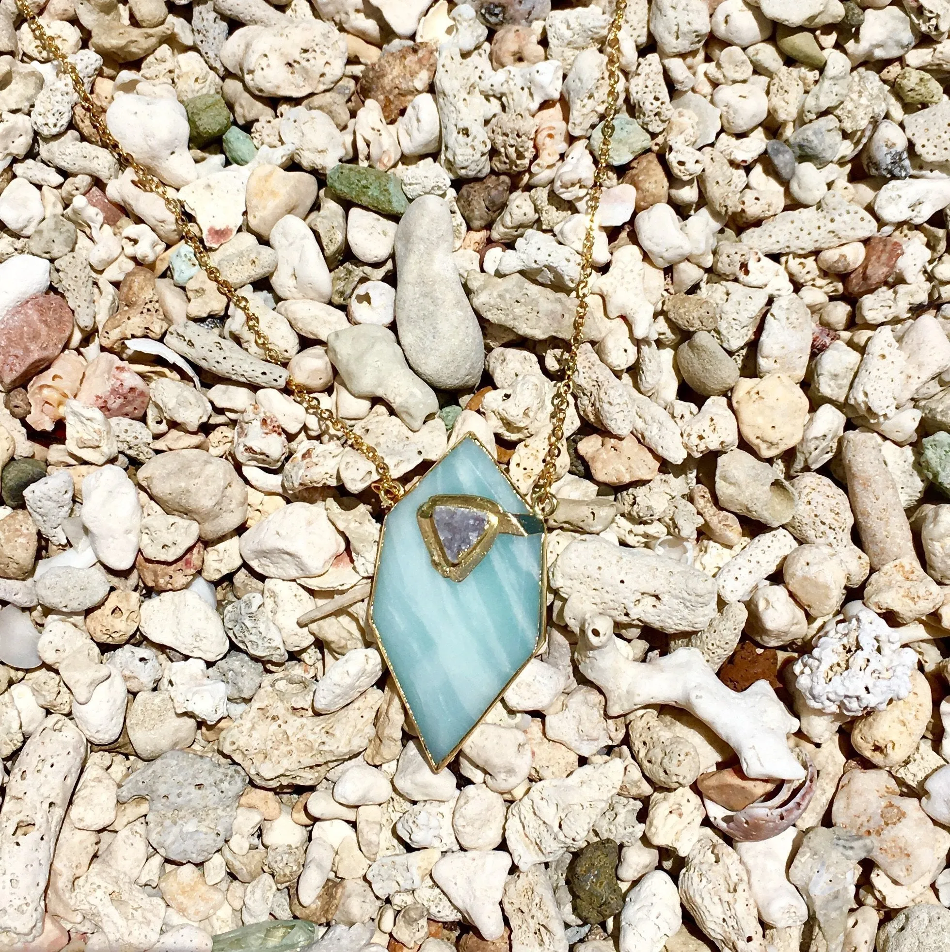 Gold plated Hexagon Amazonite necklace with small druzy stone appliqué'