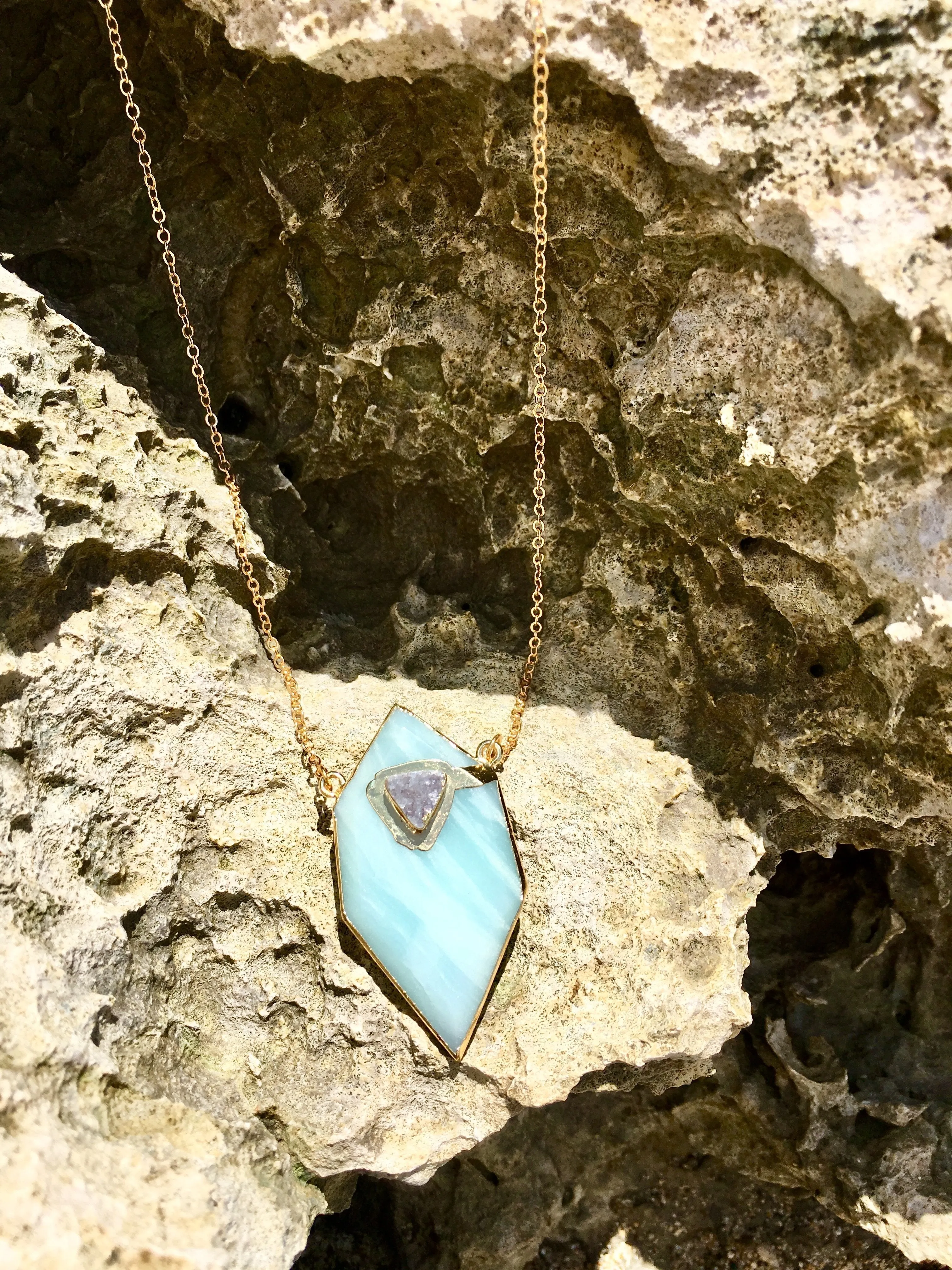 Gold plated Hexagon Amazonite necklace with small druzy stone appliqué'