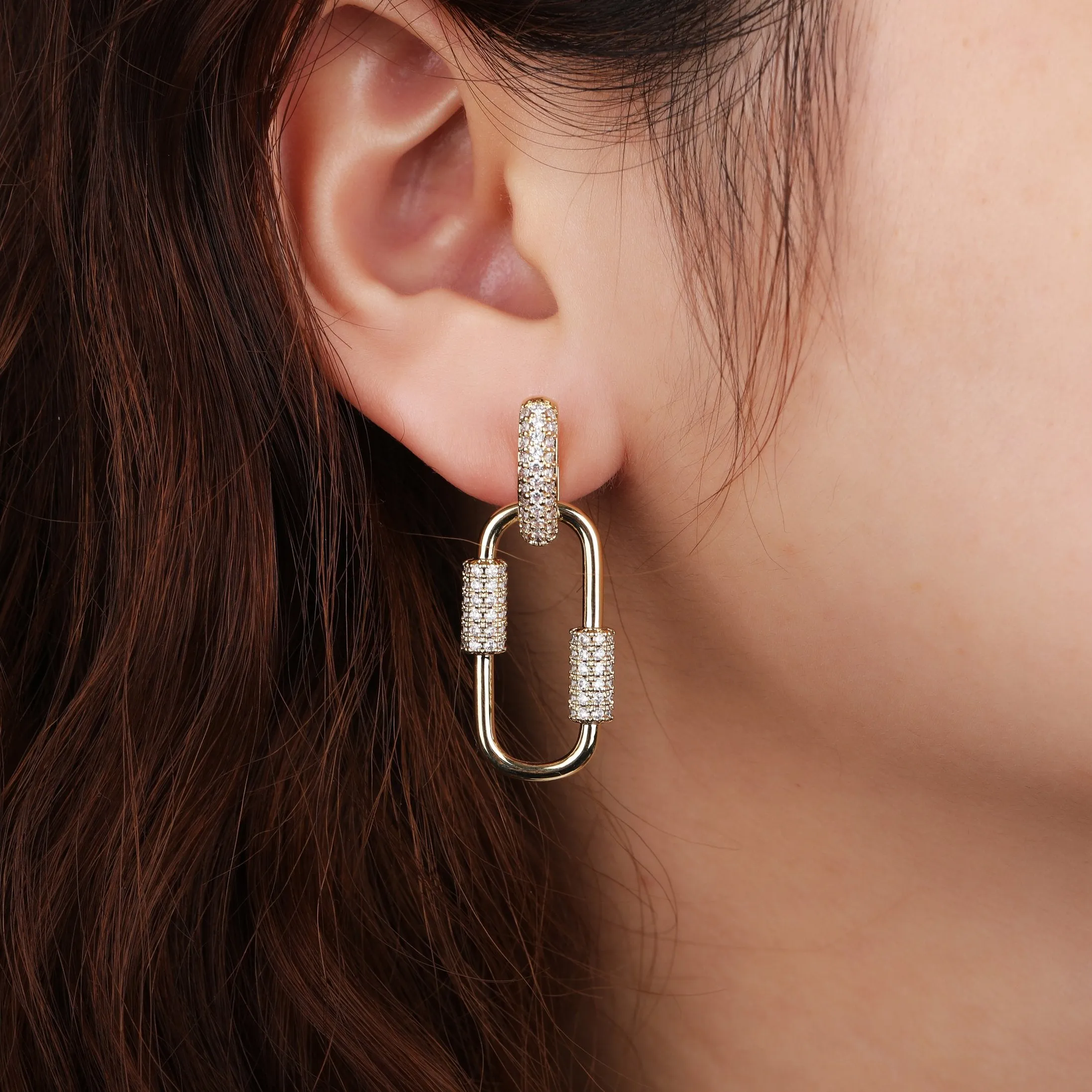 Gold Plated Trendy Paper Clip Micro Pave Drop Earrings