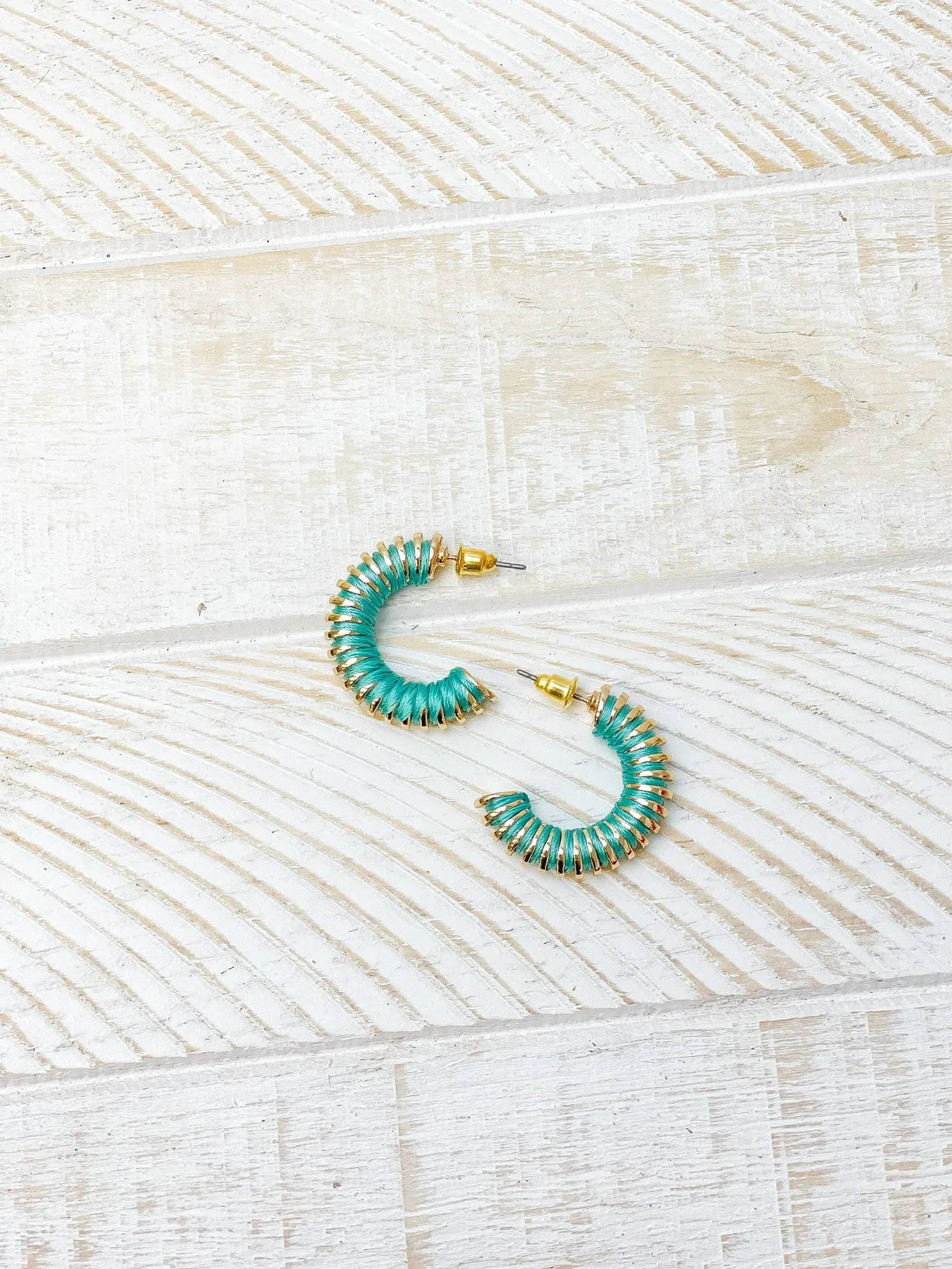 Gold Threaded Hoop Earrings - Aqua