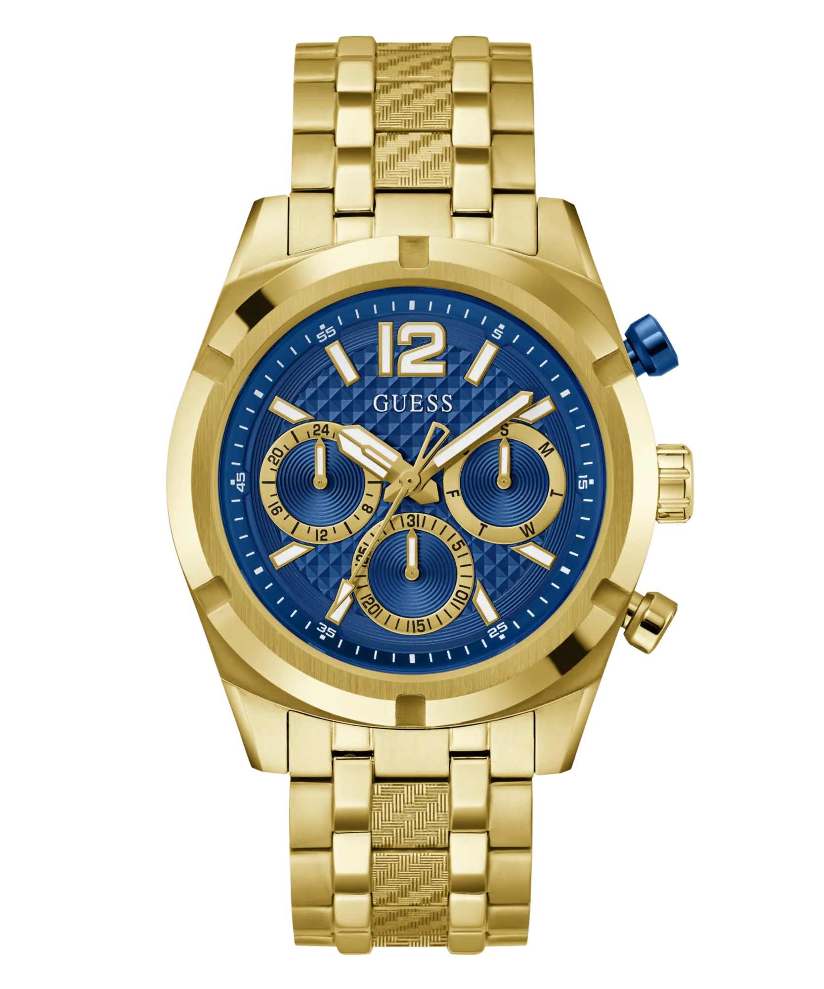 Guess Resistance Brushed Gold Tone Case With Polished Gold Tone Bezel Sunray Blue Multifunction With A Brushed And Polished Gold Tone Bracelet GW0714G2