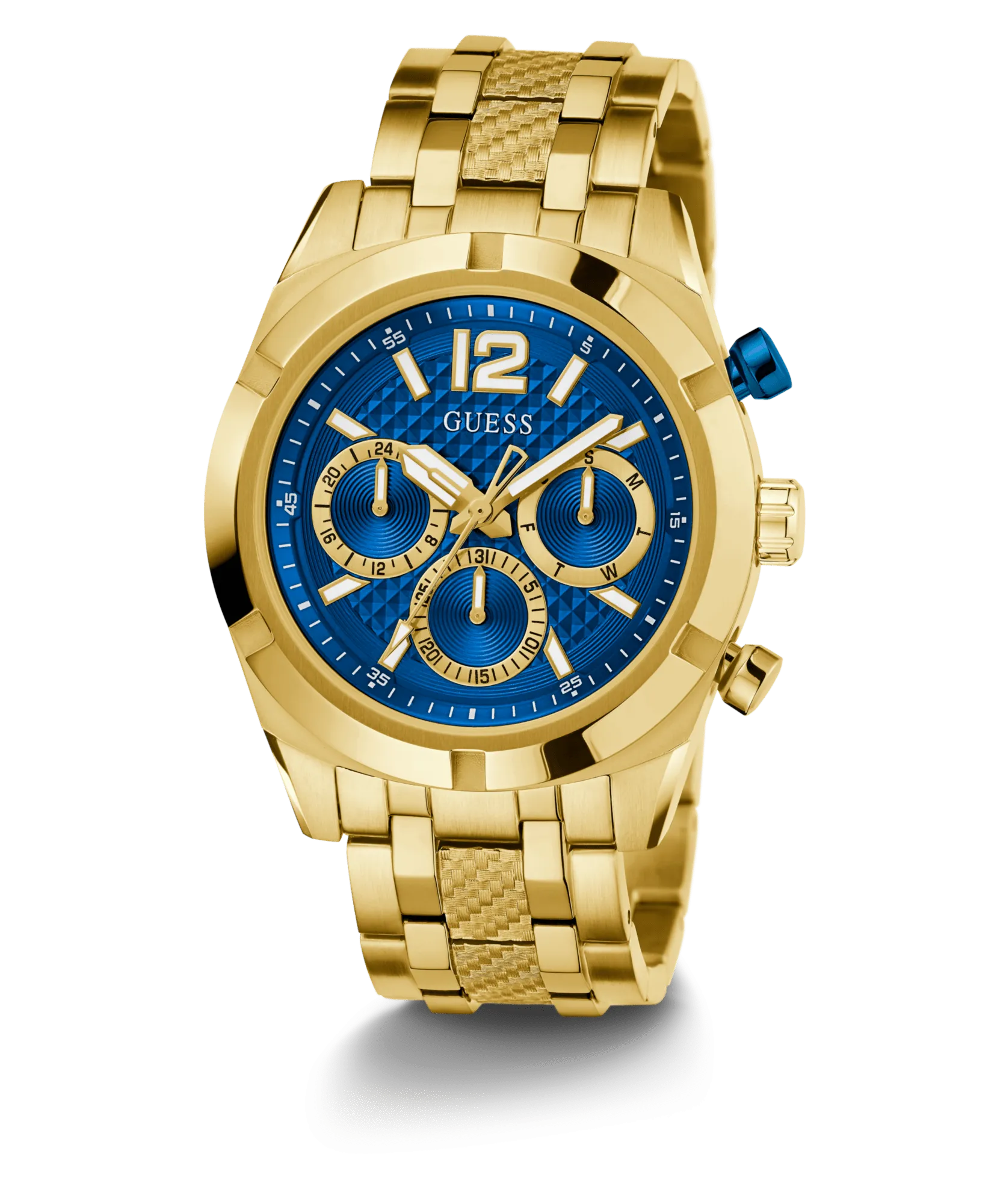 Guess Resistance Brushed Gold Tone Case With Polished Gold Tone Bezel Sunray Blue Multifunction With A Brushed And Polished Gold Tone Bracelet GW0714G2