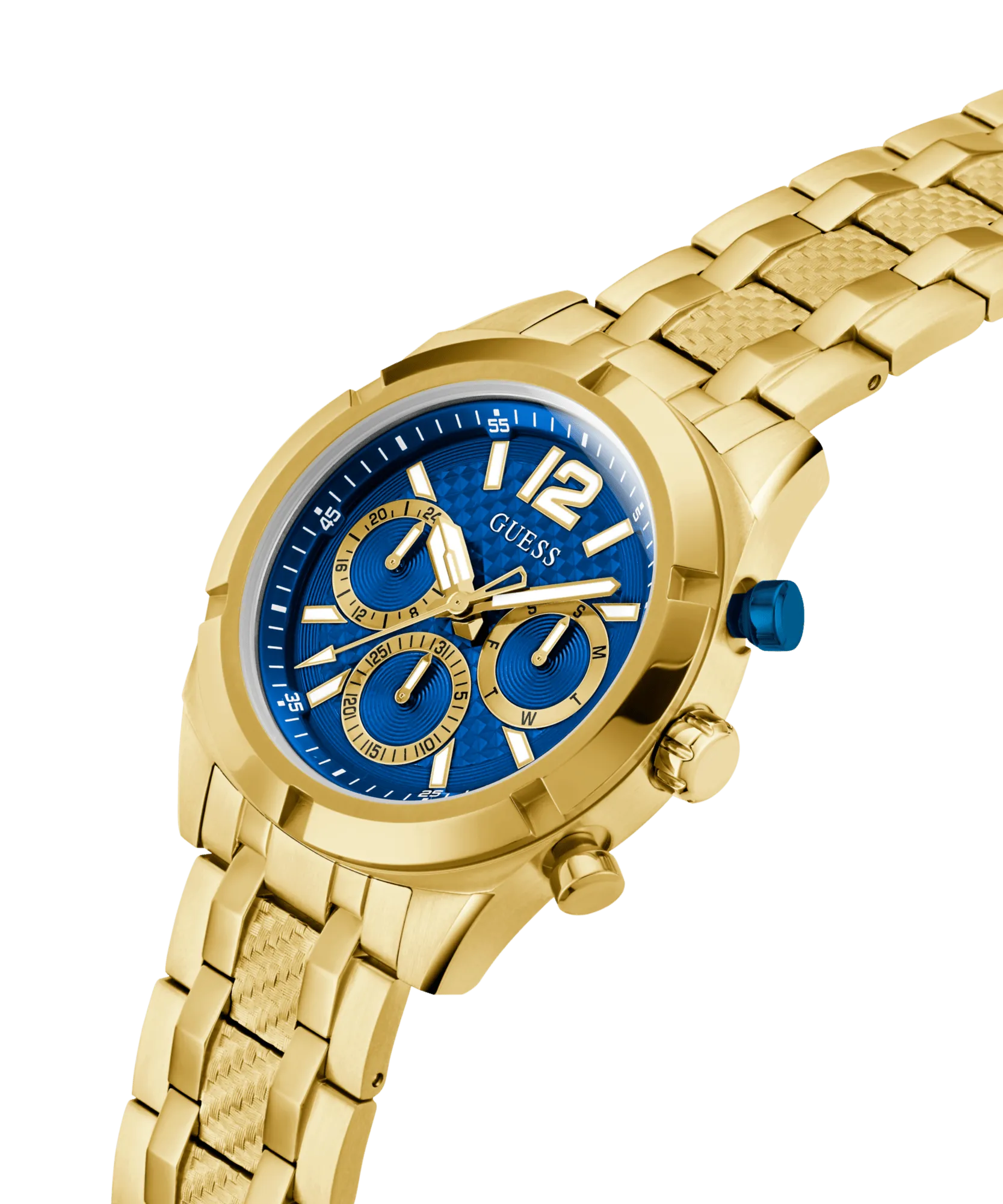 Guess Resistance Brushed Gold Tone Case With Polished Gold Tone Bezel Sunray Blue Multifunction With A Brushed And Polished Gold Tone Bracelet GW0714G2