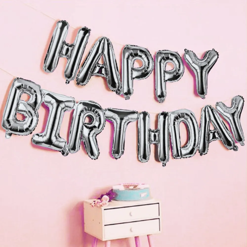 Happy Birthday 13 Letters | Metallic Silver Foil Balloon Banner