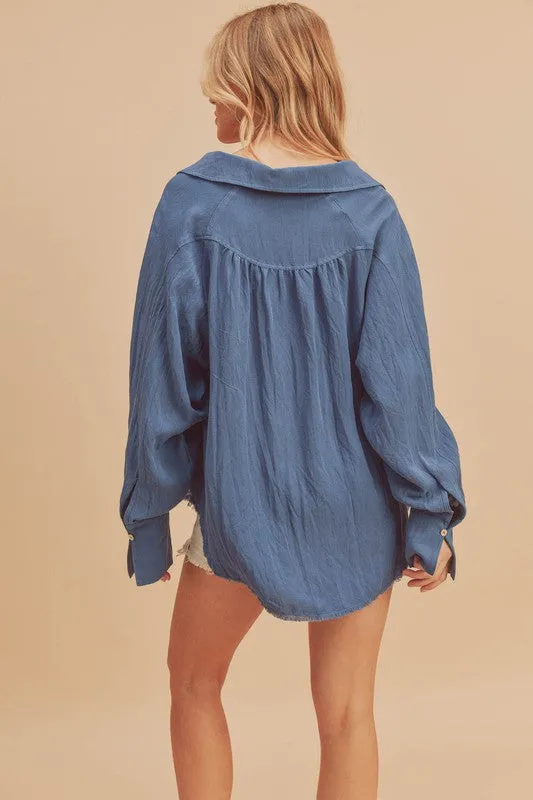 Hazel Blues® |  Aemi   Co Raw Hem Button Down Raglan Sleeve Shirt