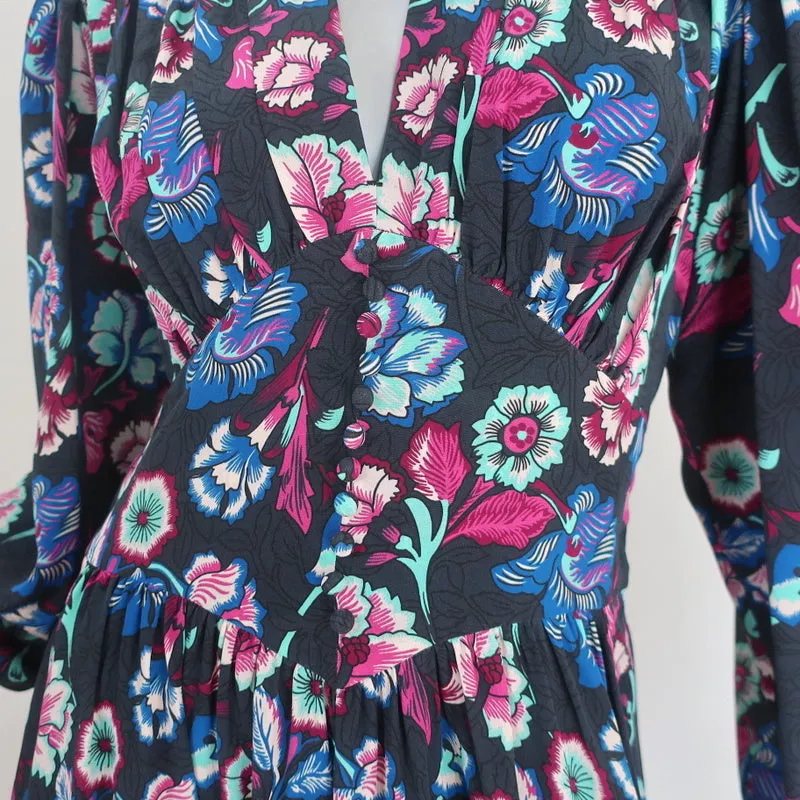 Isabel Marant Maxi Dress Moyrazia Floral Print Silk Size 38 Long Sleeve V-Neck