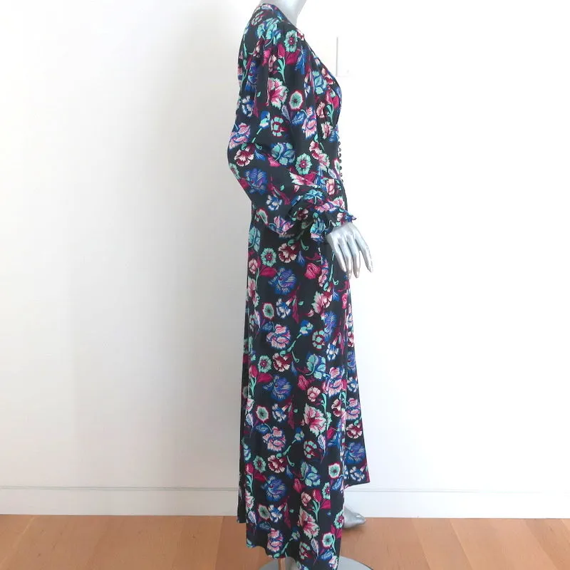 Isabel Marant Maxi Dress Moyrazia Floral Print Silk Size 38 Long Sleeve V-Neck