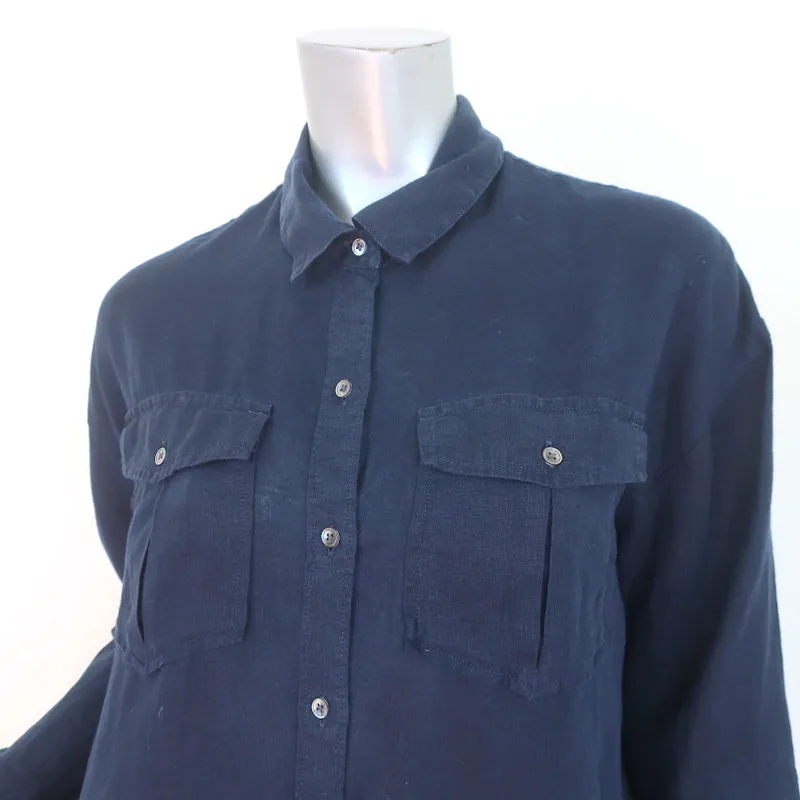 James Perse Military Shirt Dress Navy Linen Size 2 Long Sleeve Mini