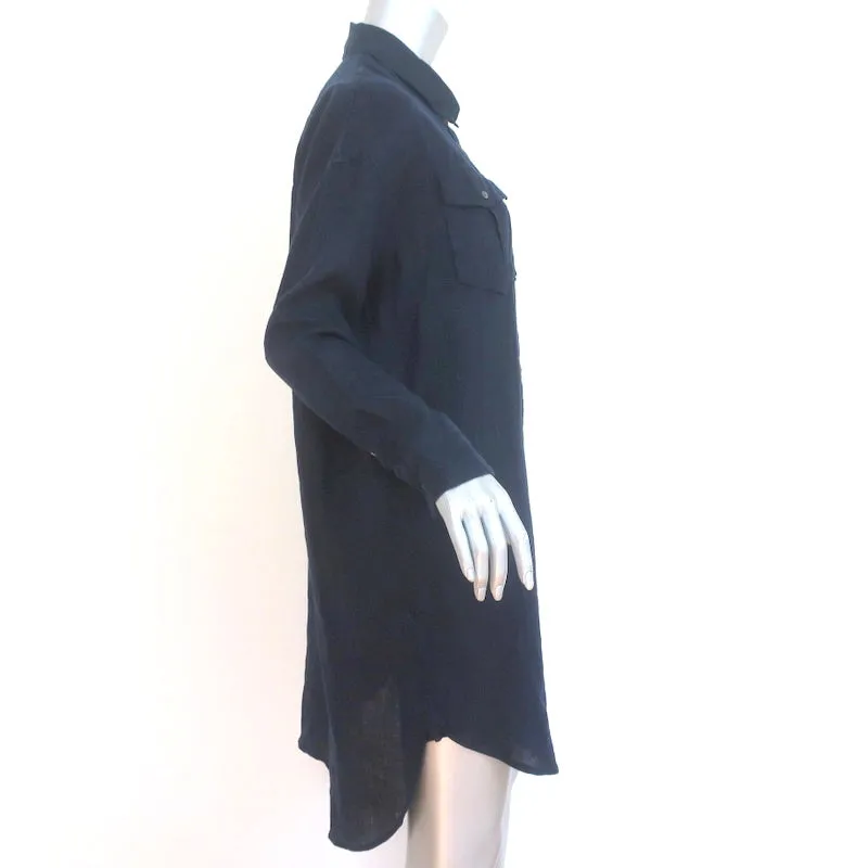 James Perse Military Shirt Dress Navy Linen Size 2 Long Sleeve Mini