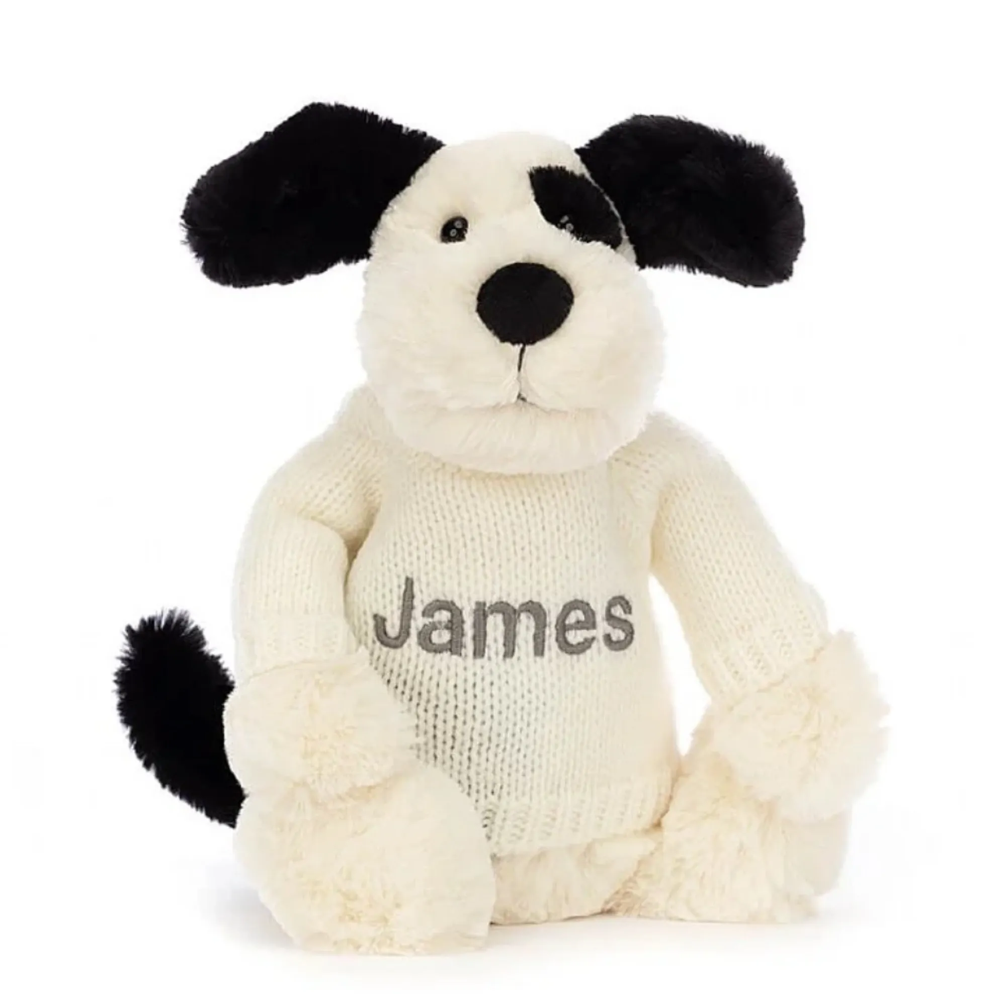 Jellycat Bashful Black & Cream Puppy With Personalised Cream Jumper