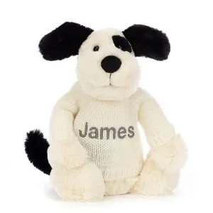Jellycat Bashful Black & Cream Puppy With Personalised Cream Jumper