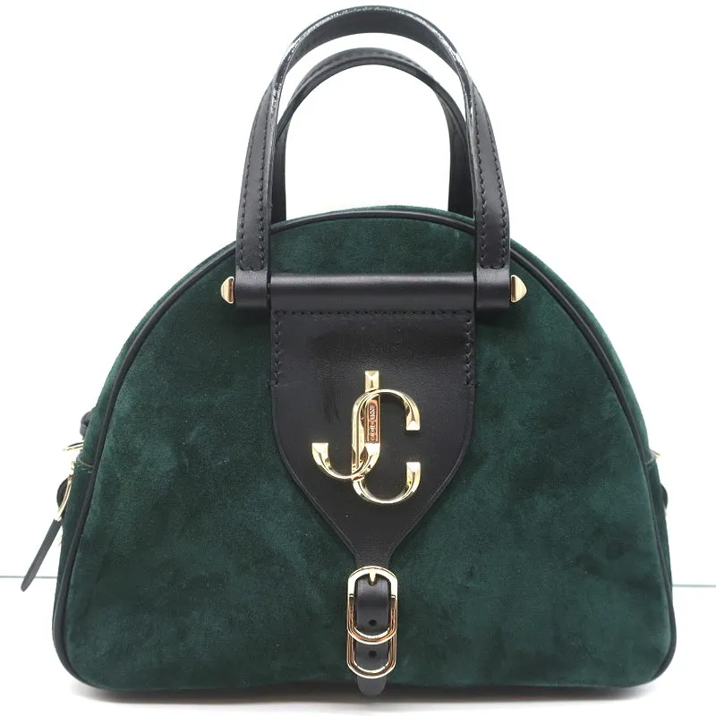 Jimmy Choo Varenne Small Bowling Bag Green Suede & Black Leather Crossbody
