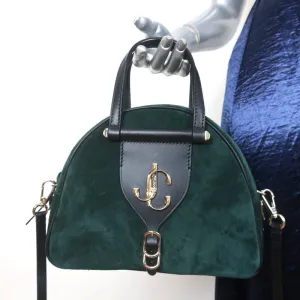Jimmy Choo Varenne Small Bowling Bag Green Suede & Black Leather Crossbody