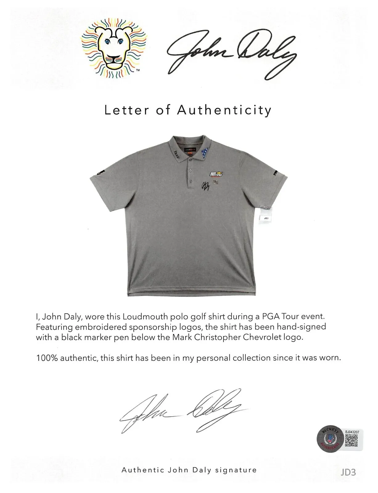 John Daly Authentic Signed Match Worn Gray Loudmouth Polo Shirt BAS #BH00338