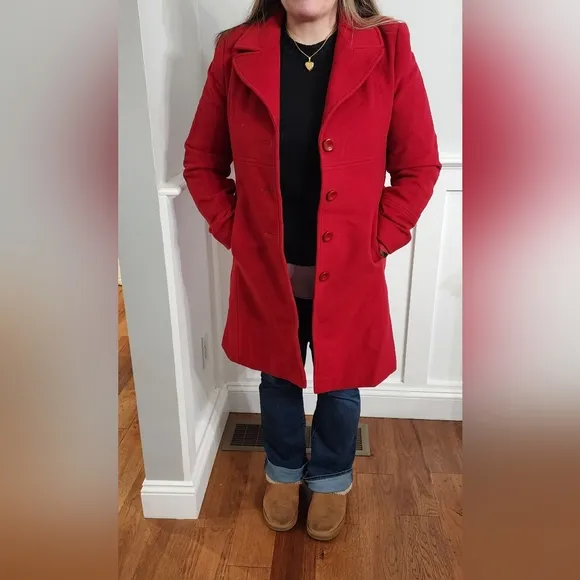 Larry Levine Scarlet Red Wool Blend Button Up Coat with Chic Notch Collar. 12