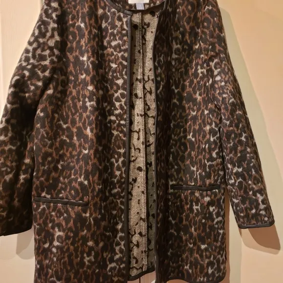 Leather Lined Leaperd Print Round Neck  Long Coat