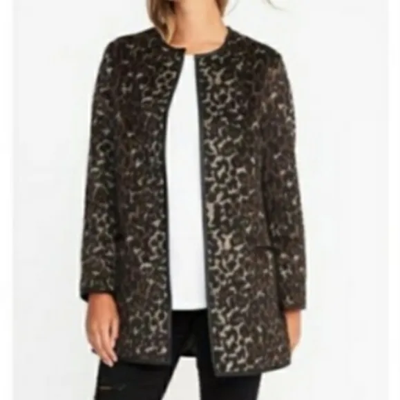 Leather Lined Leaperd Print Round Neck  Long Coat